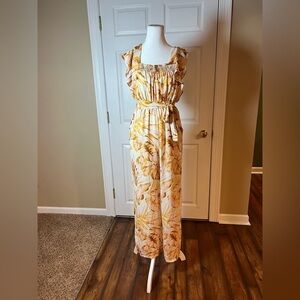 June and Hudson Women’s Printed Polyester Jumpsuit Rompers Cream Brown Leaves